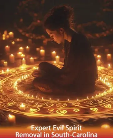In the gentle glow of countless candles, a serene figure sits, enveloped in warmth and tranquility. The soft illumination creates a sacred space, inviting peace and reflection. This harmonious scene embodies a journey towards inner peace and spiritual clarity. Expert evil spirit removal in South Carolina.