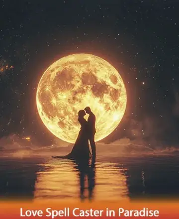 In a serene embrace under the luminous full moon, two souls find a profound connection, enveloped in a tranquil, celestial glow. This enchanting moment whispers of love and harmony, awakening the heart's deepest desires. Love spell caster in paradise.