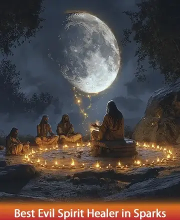 Under the serene glow of a full moon, four figures sit in tranquil unity, surrounded by a circle of gently flickering candles. The night sky embraces them in a peaceful embrace, fostering a sense of deep connection and spiritual harmony. Best evil spirit healer in Sparks.