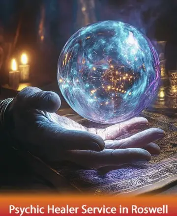 In the gentle glow of candlelight, a wise hand cradles a mystical orb, its swirling lights offering a serene reflection of the universe's profound mysteries. This sacred moment invites you to find peace and clarity. Psychic healer service in Roswell.