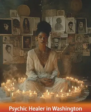 In a serene, softly lit space, a calm presence is surrounded by the gentle glow of countless candles. The atmosphere is rich with wisdom and tranquility, inviting peace and introspection. Discover the path to inner harmony and guidance with psychic healer in Washington.