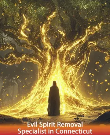 In the heart of an ancient forest, a radiant tree glows with golden light, enveloping a serene figure in its embrace. The air is filled with peace and timeless wisdom, offering comfort and hope. Evil spirit removal specialist in Connecticut.