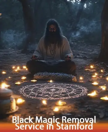 In the serene embrace of nature, a wise figure meditates within a circle of gentle candlelight, radiating peace and tranquility. This sacred space invites calm introspection and healing, nurturing the soul with ancient wisdom and compassion. Black magic removal service in Stamford.