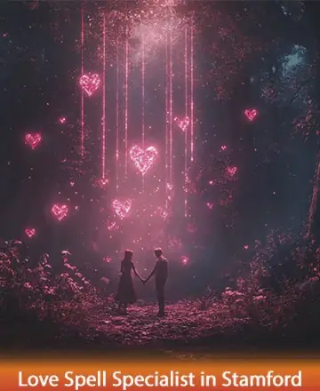 In a serene forest glowing with gentle pink hearts, two souls stand united, enveloped in a warm embrace of love and connection. The scene radiates tranquility, inviting a deep sense of peace and unity. Love spell specialist in Stamford.