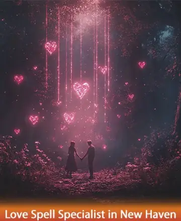 In a serene woodland, two souls stand hand in hand beneath a cascade of glowing hearts, enveloped in a soft, pink luminescence that whispers of love and connection. This enchanting moment invites a sense of calm and unity. Love spell specialist in New Haven.