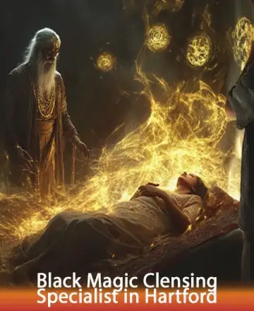 In a serene, softly illuminated space, a wise and gentle guide offers comforting presence and support. Warm, golden energies swirl gently around, creating a cocoon of peace and healing. Trust in the wisdom that surrounds you. Black magic cleansing in Hartford.