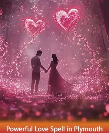 In a mystical forest bathed in gentle pink hues, two souls stand hand in hand, surrounded by the tender glow of heart-shaped lights. The scene whispers of deep connection and a journey towards lasting love, enveloping you in warmth and serenity. Powerful love spell in Plymouth.