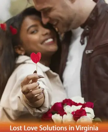 A woman with a smiling expression holds a small red heart stick, standing close to a man in a brown jacket. They embrace lovingly, and she carries a bouquet of red and white roses. Text reads, 