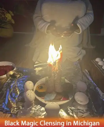 In the warm glow of candlelight, tranquility envelops the sacred space. Gentle hands cradle a promise of renewal, surrounded by symbols of protection and peace. This serene ritual invites balance and harmony into your life. Black magic cleansing in Michigan.