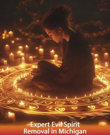 In a serene circle of gentle candlelight, a soul finds peace and clarity amidst the warm glow. The intricate patterns around them whisper wisdom and protection, creating a sanctuary of calm and healing. Trust in the journey, guided by expert wisdom. Expert evil spirit removal in Michigan.