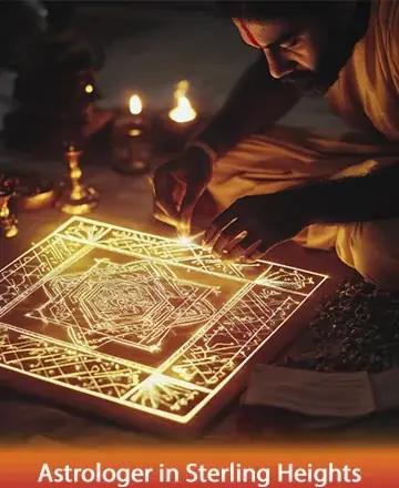 In the gentle glow of candlelight, a serene figure carefully tends to a luminous mandala, each line and symbol radiating warmth and ancient wisdom. The atmosphere is filled with calm and clarity, inviting you to find peace and guidance. Astrologer in Sterling Heights.