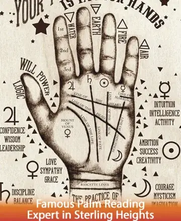 This beautifully illustrated image of a hand, adorned with mystical symbols and guiding lines, invites you to explore the depths of your inner wisdom. Each line tells a story, offering insights into your life's journey with gentle assurance and clarity. Palm reading in Sterling Heights.