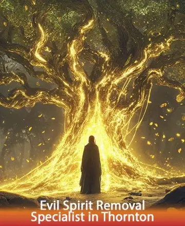 A person in a dark cloak stands before a large, luminous tree emitting golden light and swirling leaves, creating a mystical atmosphere. Text at the bottom reads 