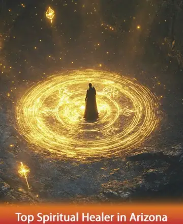In this serene image, a solitary figure stands gracefully within a luminous circle, glowing with golden light. The atmosphere is imbued with a sense of tranquility and deep spiritual connection, inviting you to explore inner peace and transformation. Top spiritual healer in Arizona.