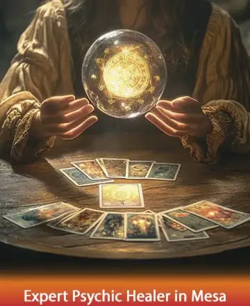 In a serene, softly lit space, gentle hands cradle a luminous crystal ball, casting a warm glow that dances over an array of intricately designed tarot cards. This inviting scene beckons you to explore a realm of insight and tranquility. Expert psychic healer in Mesa.