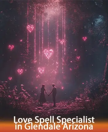 In a mystical forest illuminated by glimmering hearts, two souls stand hand in hand, embraced by the serene glow of love and connection. This enchanting scene whispers promises of harmony and deep emotional bonds. Love spell specialist in Glendale Arizona.