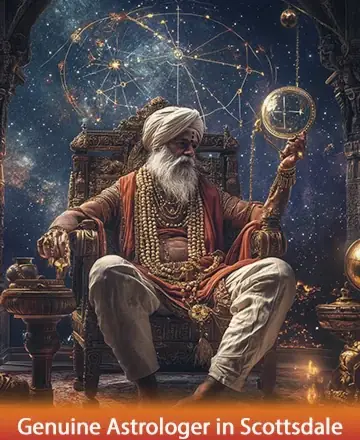 A distinguished astrologer with a long white beard and a turban sits on an ornate throne, dressed in traditional attire adorned with numerous necklaces. He holds an astrological instrument in one hand, looking contemplative. The backdrop features a cosmic scene with stars and celestial patterns, creating a mystical atmosphere. The bottom of the image displays text reading 