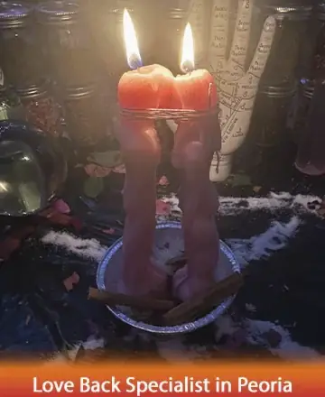 In a gentle embrace of light, two candles glow softly, their warmth casting a serene aura over a sacred space. Surrounded by symbols of tranquility, they invite peace and reflection, offering a comforting presence. Love back specialist in Peoria.