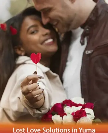 In this heartwarming image, a couple radiates joy and affection, sharing a tender moment filled with love and warmth. The vibrant red and white roses symbolize passion and purity, offering a serene sense of hope and connection. Lost love solutions in Yuma.