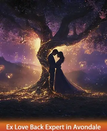 Beneath the enchanting glow of a mystical tree, two souls embrace in a tender moment of unity and peace. Surrounded by shimmering hearts, their connection feels timeless and profound, offering solace and hope. Ex love back expert in Avondale.