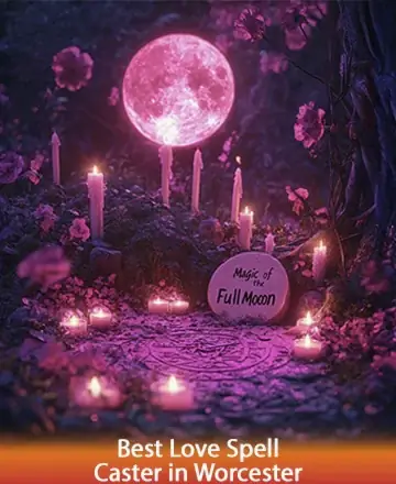 In a serene, moonlit garden, gentle candlelight dances around a sacred circle, inviting peace and introspection. The warm glow of the full moon bathes the scene in a soothing embrace, creating a sanctuary for reflection and connection. Love spell in Worcester.