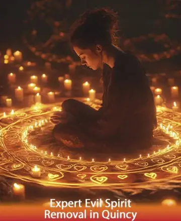 In the gentle glow of countless candles, a serene figure finds solace within a circle of intricate patterns. The warm light wraps around them like a comforting embrace, inviting peace and reflection. Experience profound calm with expert evil spirit removal in Quincy.