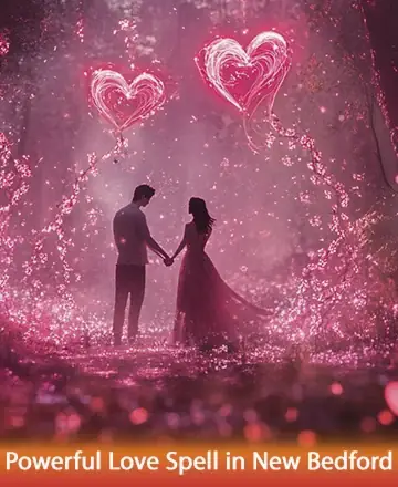 In a serene forest glade bathed in soft pink hues, two souls stand hand in hand, surrounded by shimmering hearts of light. The atmosphere is filled with warmth and gentle whispers of love, offering a sanctuary of connection and trust. Powerful love spell in New Bedford.