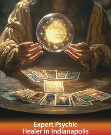 In a warmly lit sanctuary, gentle hands cradle a luminous orb, casting a serene glow over a circle of tarot cards. This scene invites you into a world of insight and tranquility, where wisdom flows like a gentle stream. Expert psychic healer in Indianapolis.