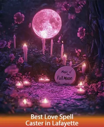 In a serene, moonlit garden, candles flicker softly amidst blooming flowers, casting a gentle glow that invites reflection and peace. The full moon bathes the scene in its calming light, creating a space of warmth and tranquility. Best love spell caster in Lafayette.