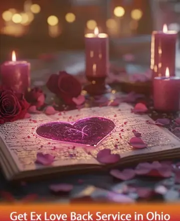 In a serene setting bathed in warm candlelight, a heart rests gently on an open book, surrounded by delicate rose petals. This tranquil scene whispers of hope and renewal, inviting a sense of peace and connection. Ex love back service in Ohio.