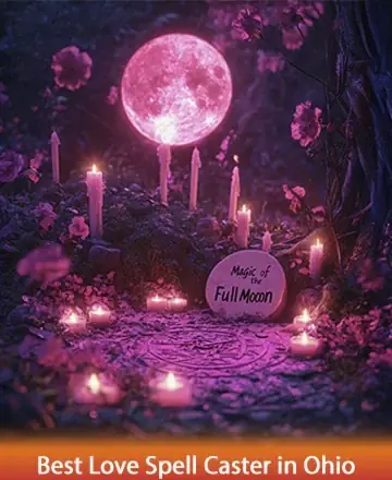Beneath the gentle glow of the full moon, a serene circle of candles illuminates a sacred space, inviting tranquility and reflection. The soft, pink hues and delicate blossoms create an atmosphere of love and harmony, nurturing the spirit. Love spell in Ohio.