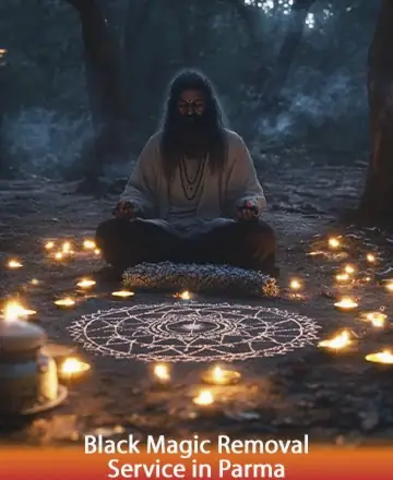 In the serene embrace of nature, a wise soul sits amidst a circle of gentle candlelight, radiating peace and tranquility. The intricate patterns on the ground echo a deep connection with the universe, inviting harmony and healing. Black magic removal service in Parma.