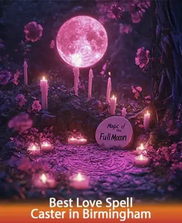 In a serene woodland, under the gentle glow of the full moon, candles flicker softly, casting a warm embrace over a sacred circle. This enchanting scene invites peace and reflection, nurturing the soul with quiet wisdom and love. Love spell in Birmingham.