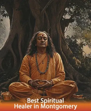 In the serene embrace of nature, a wise spiritual healer sits in tranquil meditation, radiating warmth and inner peace. The ancient tree behind him whispers stories of old, offering a sanctuary of calm and wisdom. Spiritual guidance in Montgomery.