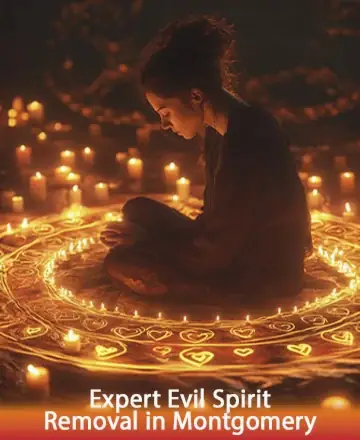Amidst a serene glow of countless candles, a figure sits in peaceful contemplation, surrounded by intricate patterns that whisper of ancient wisdom. The warm light and calm ambiance invite a sense of safety and spiritual renewal. Expert evil spirit removal in Montgomery.