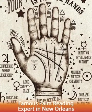 This soothing image gently guides you to the mysteries within your own hands, inviting a journey of self-discovery and inner peace. With symbols of wisdom and grace, it whispers stories of your soul, offering comfort and insight. Palm reading in New Orleans.