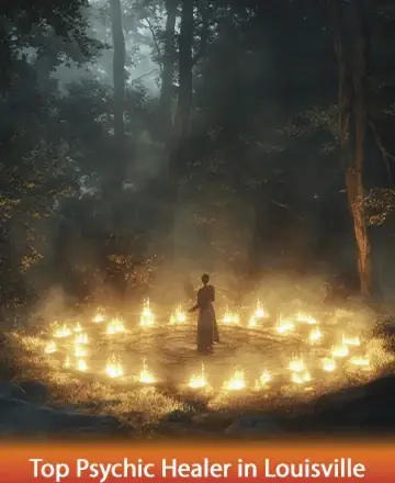 In the heart of an ancient forest, a gentle figure stands encircled by glowing flames, radiating warmth and serenity. The soft light mingles with the mist, creating an atmosphere of peace and introspection. This sacred space invites you to explore deeper connections and find inner harmony. Top psychic healer in Louisville.