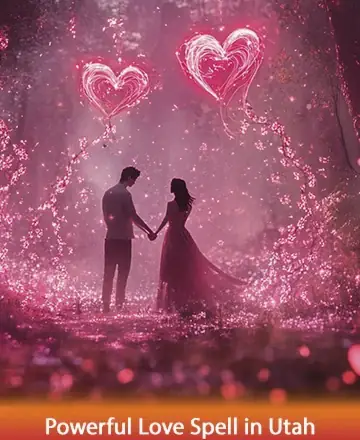 In a serene forest bathed in enchanting pink light, a couple stands hand in hand, surrounded by ethereal heart-shaped auras. The scene radiates warmth and connection, inviting a sense of peace and deep emotional harmony. Powerful love spell in Utah.