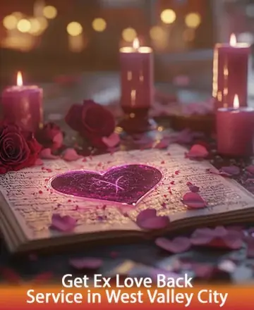 In the gentle glow of candlelight, an open book rests adorned with rose petals, evoking feelings of warmth and nostalgia. A radiant heart glimmers at its center, symbolizing rekindled connections and tender memories. Embrace the journey of rekindling love in West Valley City.