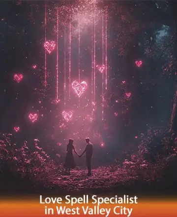 In a serene forest bathed in a gentle, rosy glow, two souls find solace and connection under a cascade of luminous hearts. This enchanting scene whispers of love's eternal warmth and the peace found in shared moments. Love spell specialist in West Valley City.