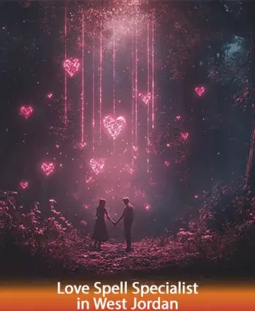 In a serene, enchanting forest bathed in gentle pink light, two figures hold hands beneath a cascade of glowing hearts. This ethereal scene whispers of love, connection, and the magic that binds us all. Love spell specialist in West Jordan.