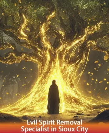 In the heart of a serene, mystical forest, a wise figure stands embraced by the golden glow of ancient, sacred light. This enchanting scene radiates peace, transforming shadows into warmth. Embrace the gentle journey of healing and renewal. Evil spirit removal specialist in Sioux City.