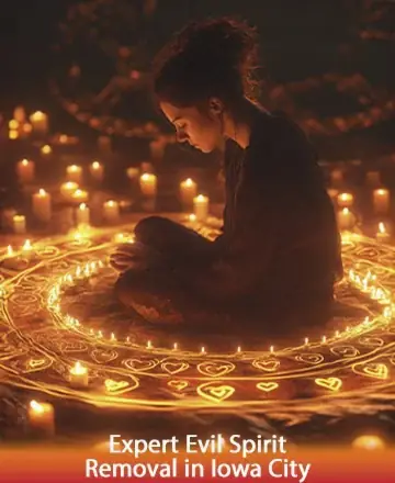 In a serene glow of warmth and light, a calm presence is enveloped by a circle of gentle candles, each flame flickering with hope and tranquility. This sacred space offers solace and a path to inner peace. Expert evil spirit removal in Iowa City.
