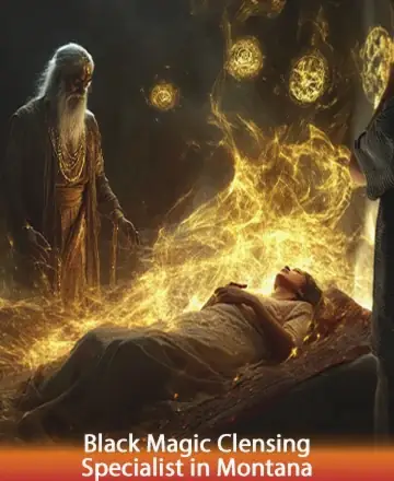 In a serene setting filled with golden light, an enlightened guide channels warmth and healing energy, enveloping a peaceful soul in a cocoon of comfort and tranquility. This sacred connection offers solace and renewal, fostering a deep sense of inner peace. Black magic cleansing specialist in Montana.
