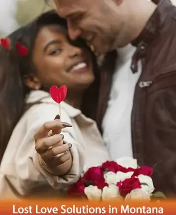 In this tender moment, two souls connect deeply, their smiles radiating warmth and affection. The gentle exchange of red and white roses symbolizes pure love and cherished memories. Let your heart find peace and understanding. Lost love solutions in Montana.