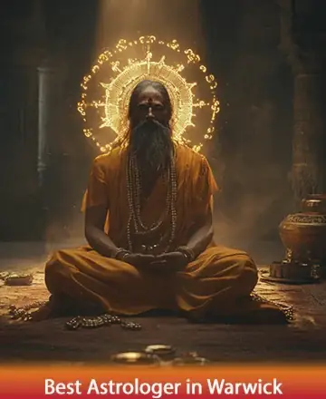 In a serene sanctuary, a wise sage sits in tranquil meditation, enveloped by a halo of warm, golden light. The gentle ambiance whispers peace and ancient wisdom, inviting a journey of inner harmony and soulful reflection. Best astrologer in Warwick.