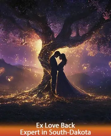 In the embrace of a mystical, glowing tree, two souls unite under a canopy of shimmering lights and gentle heart shapes. This enchanting scene whispers of rekindled love and spiritual harmony, inviting a serene connection. Ex love back expert in South Dakota.