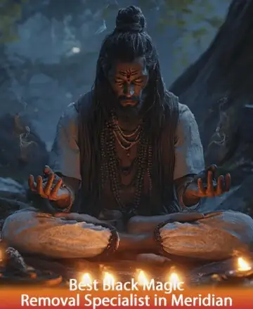 A mystical scene features a man with long hair and a beard, seated in a meditative pose in a forest. He wears traditional attire and multiple beaded necklaces. With eyes closed, he appears deep in concentration, with small flames surrounding him, adding a magical ambiance. The text 
