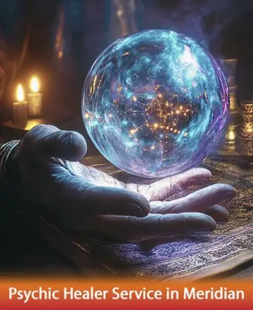 In the gentle glow of candlelight, a mystical orb rests gracefully in a hand, radiating a serene aura of cosmic wonder. This tranquil scene invites you to explore the depths of your spirit, offering solace and wisdom. Psychic healer service in Meridian.
