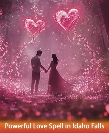 In a serene forest bathed in gentle pink hues, two souls stand hand in hand, embraced by shimmering heart-shaped lights. This enchanting scene invites feelings of connection and warmth, enveloping you in a blanket of peace and harmony. Powerful love spell in Idaho Falls.
